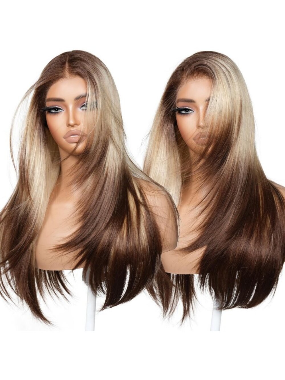 24-Inch Brown & Blonde Ombre HD Lace Frontal Wig with Bangs - Glueless, Layered